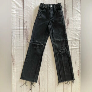 Zara Straight Wide Leg Full Length Jeans High Rise Fringed Hem Black, Size 2